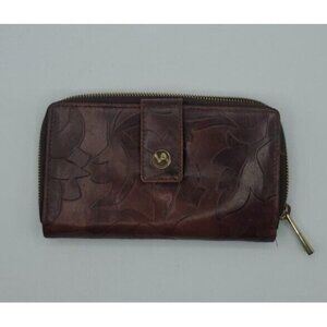 Valentina Genuine Embossed Floral Pattern Design Dark Red Leather Wallet Italy